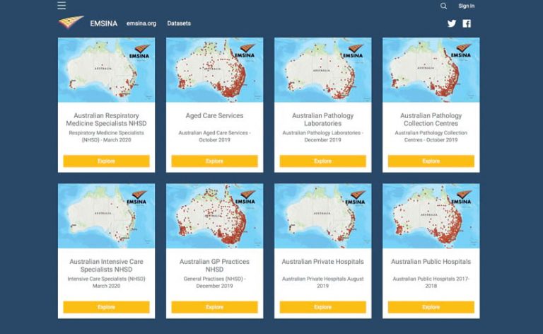 A screenshot of a website that has eight card-like links to different datasets, such as a database of respiratory medicine specialists in Australia and aged care services throughout Australia A screenshot of a website that has eight card-like links to different datasets, such as a database of respiratory medicine specialists in Australia and aged care services throughout Australia