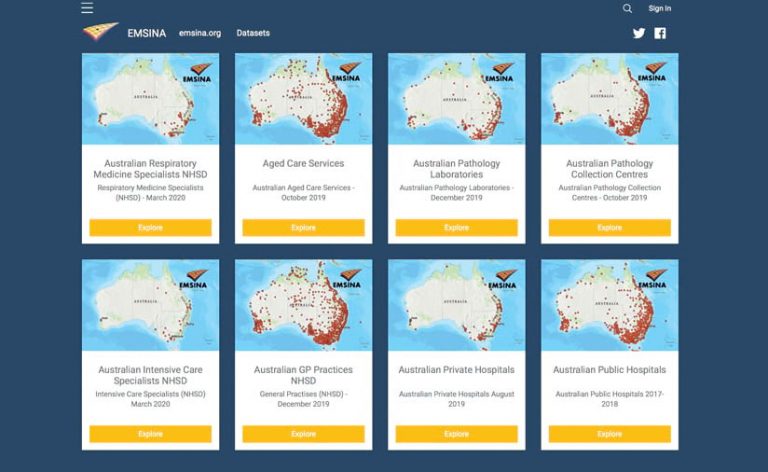 A screenshot of a website that has eight card-like links to different datasets, such as a database of respiratory medicine specialists in Australia and aged care services throughout Australia