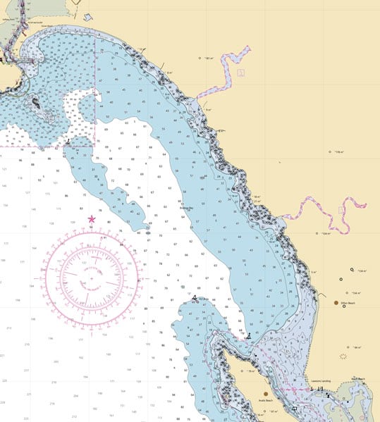 A standard-looking white, tan, and blue chart that shows the coastline around Tomales Bay, California A standard-looking white, tan, and blue chart that shows the coastline around Tomales Bay, California