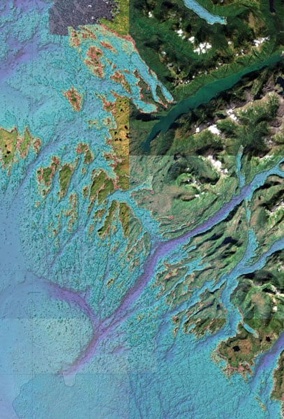 A satellite imagery-based chart of the coastline around Sitka, Alaska