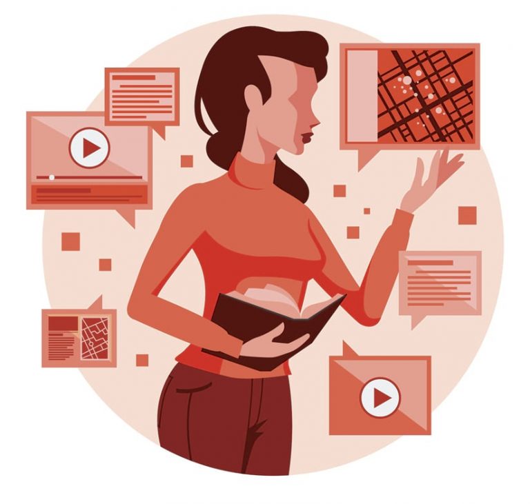 An illustration of a woman holding a book, surrounded by screenshots of maps, videos, and stories made with ArcGIS StoryMaps