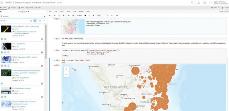 A screenshot of ArcGIS Notebooks showing a map on the right and layers on the left