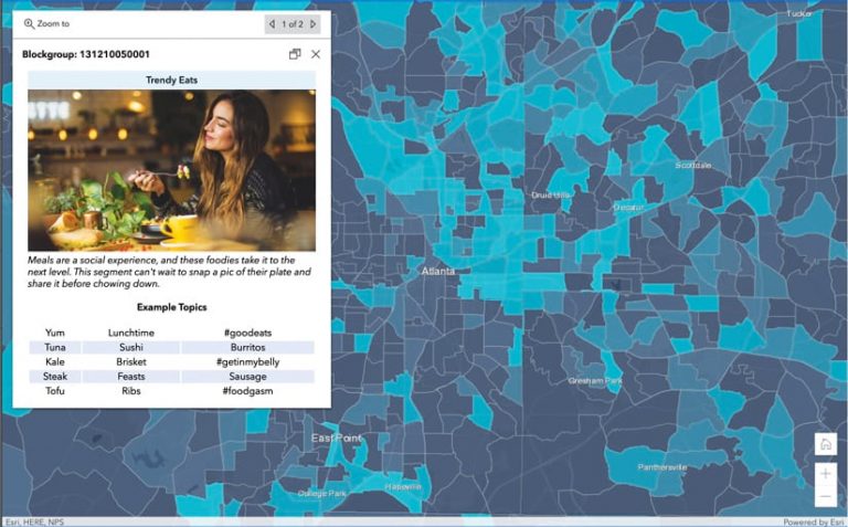 A blue-themed map of all the counties in and around Atlanta, Georgia, with a pop-up that shows a photo of a woman eating dinner together with information on the behavioral segment called Trendy Eats A blue-themed map of all the counties in and around Atlanta, Georgia, with a pop-up that shows a photo of a woman eating dinner together with information on the behavioral segment called Trendy Eats