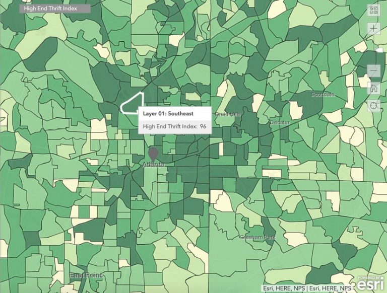 A green-themed map of all the counties in and around Atlanta, Georgia, highlighting one county that has a pop-up that says, “Layer 01: Southeast, High End Thrift Index: 96”