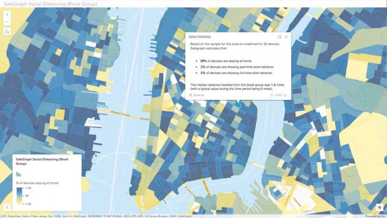 A map of lower Manhattan, part of New Jersey, and parts of Brooklyn and Queens that shows, in blue, areas with high percentages of mobile devices that stayed at home versus, in yellow, low percentages of mobile devices that stayed at home