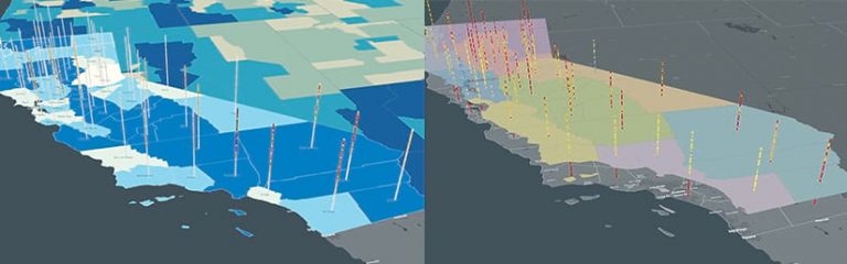 Two maps of California with 3D bars that show, on the left, the social vulnerability levels and COVID19 cases in each county and, on the right, each county’s social distancing grade