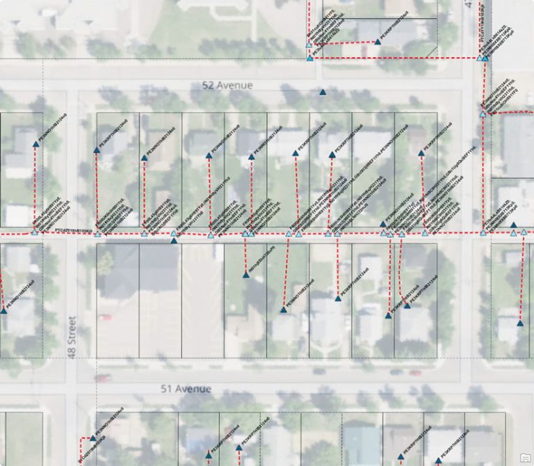 A screenshot of a map showing a neighborhood and its underground utility infrastructure, complete with bar codes A screenshot of a map showing a neighborhood and its underground utility infrastructure, complete with bar codes