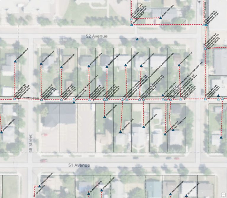 A screenshot of a map showing a neighborhood and its underground utility infrastructure, complete with bar codes