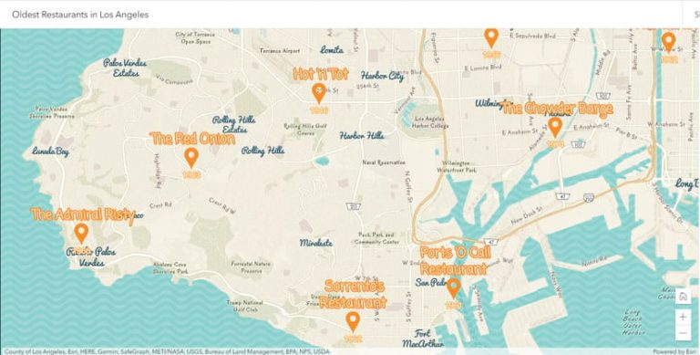 A map of restaurants in and around Long Beach, CA, that showcases the new labels