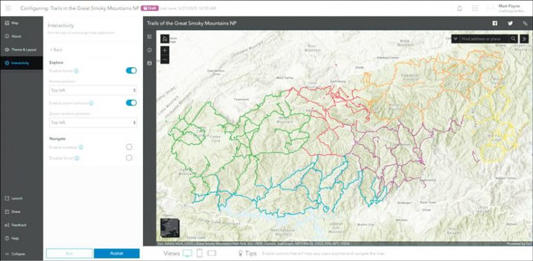 A screenshot of the Minimalist configurable app, with a map of Great Smoky Mountains National Park on the right and Interactivity options on the left