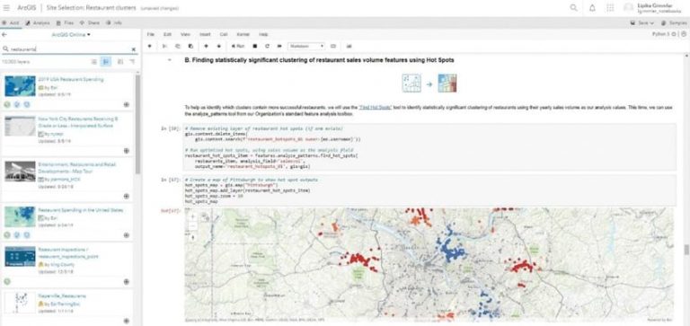 A screenshot of ArcGIS Notebooks with a map on the right and layers on the left