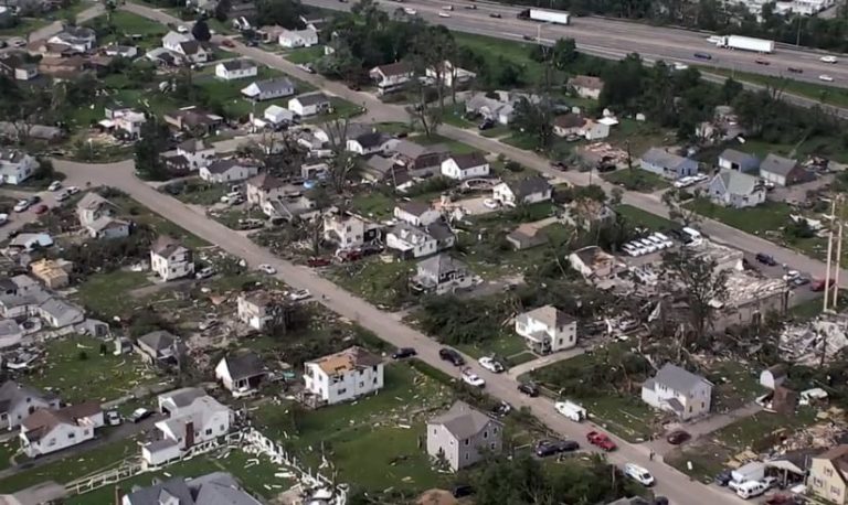 An aerial photograph of houses that were destroyed by tornadoes