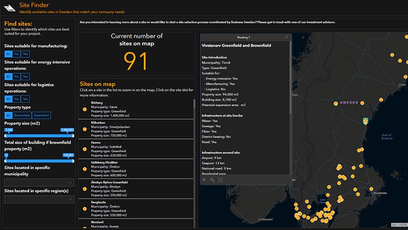 Digital transformation produced this GIS dashboard for Business Sweden
