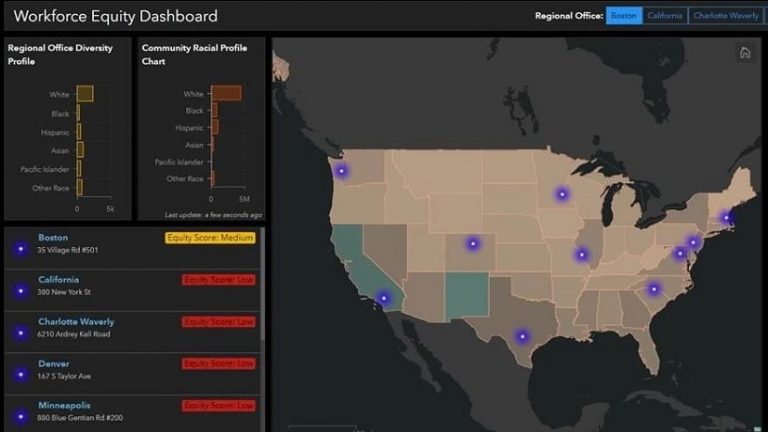 A map-based dashboard tracks racial equity initiatives