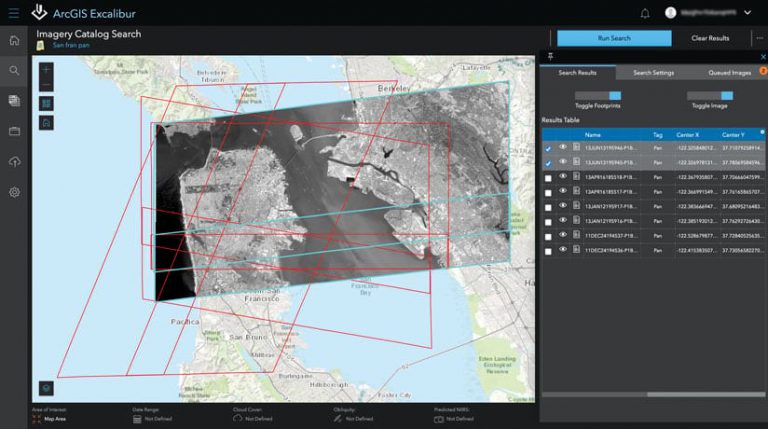 The imagery catalog search in ArcGIS Excalibur, showing a map with black-and-white imagery overlaid on it