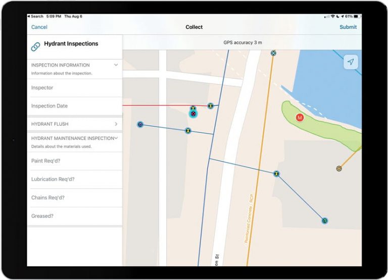 Mobile device showing a map with fire hydrants and hydrant inspections data on the left