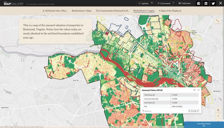 Red, green, and tan map showing history of landownership, valuation, and development in Richmond, Virginia Red, green, and tan map showing history of landownership, valuation, and development in Richmond, Virginia