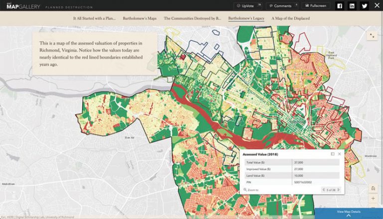 Red, green, and tan map showing history of landownership, valuation, and development in Richmond, Virginia