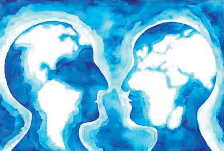 Blue neon illustration of side profiles facing each other with the continents inlayed in their faces Blue neon illustration of side profiles facing each other with the continents inlayed in their faces