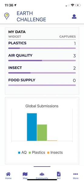 Screenshot of an Earth challenge map with a graph showing plastics, air quality, insect, and food supply