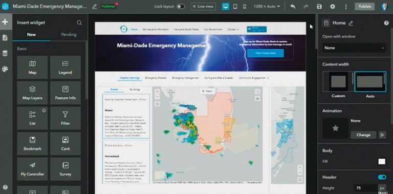 The builder used to make Miami-Dade Emergency Management’s web app, showing potential widgets to insert into the web page, along with other customization options The builder used to make Miami-Dade Emergency Management’s web app, showing potential widgets to insert into the web page, along with other customization options