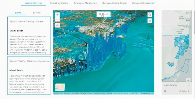 The Miami-Dade County severe weather app, which shows weather warnings and a 3D map of the coastline The Miami-Dade County severe weather app, which shows weather warnings and a 3D map of the coastline