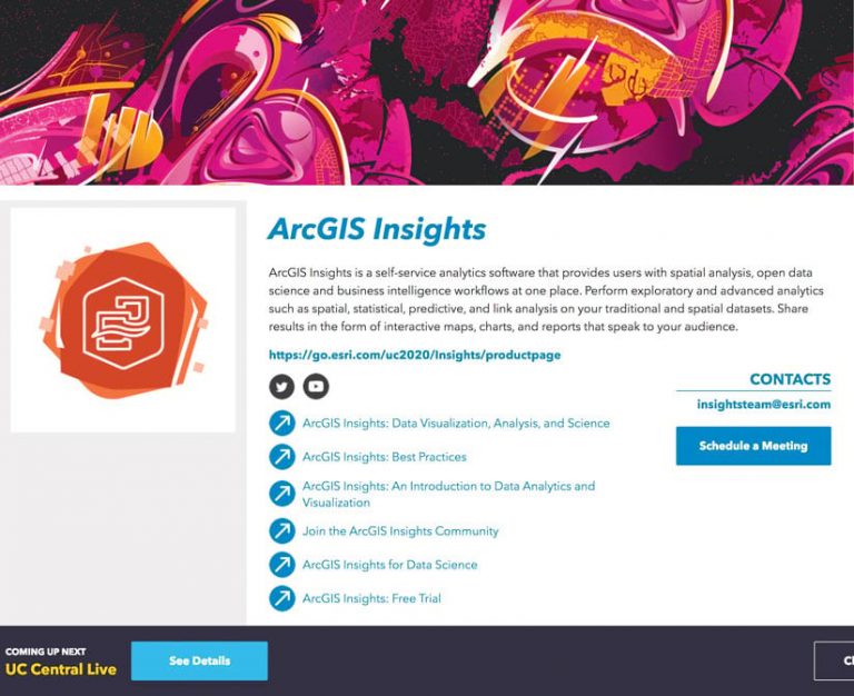 ArcGIS Insights information page on the Esri UC virtual platform at the virtual Expo