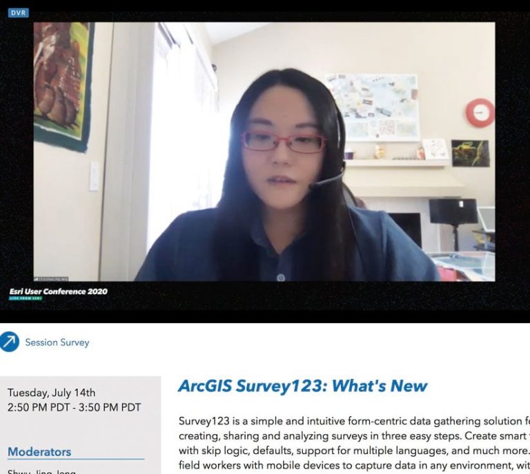 An Esri employee wearing a headset on an online Q&A session