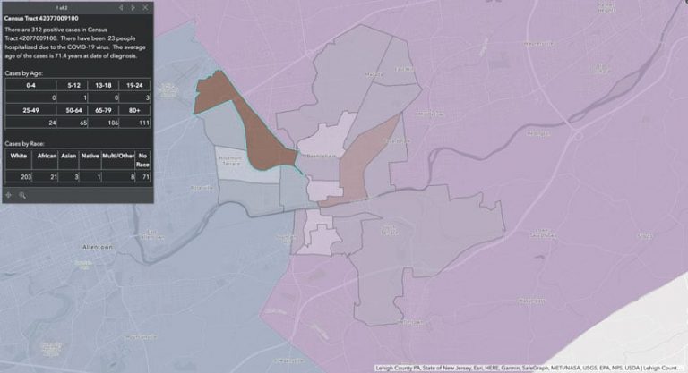 A map of the City of Bethlehem with one tract highlighted, showing more detailed information about the COVID-19 cases in that area A map of the City of Bethlehem with one tract highlighted, showing more detailed information about the COVID-19 cases in that area