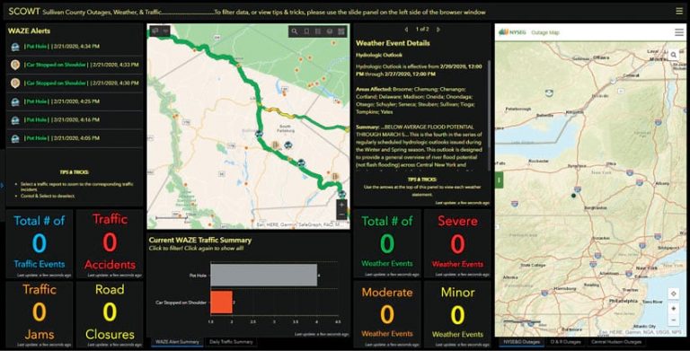 A dashboard showing traffic alerts and details, complete with traffic maps of the area A dashboard showing traffic alerts and details, complete with traffic maps of the area