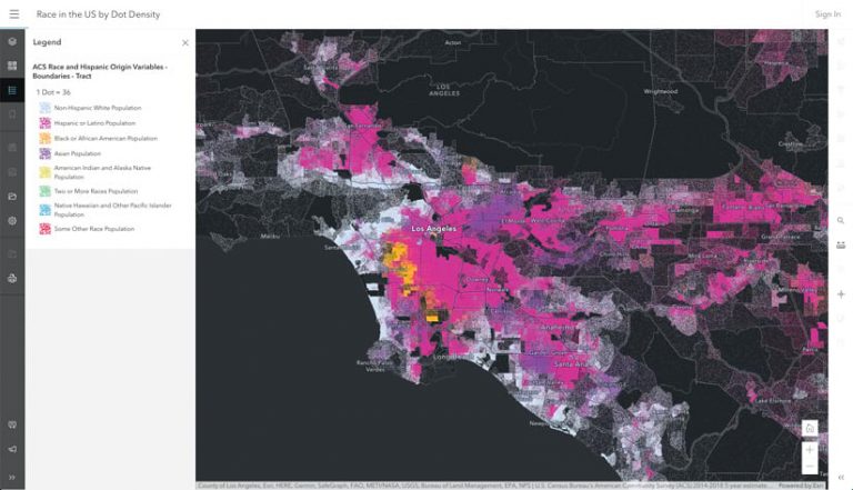 A colorful dot density map that shows the population broken down by race in and around Los Angeles, California A colorful dot density map that shows the population broken down by race in and around Los Angeles, California