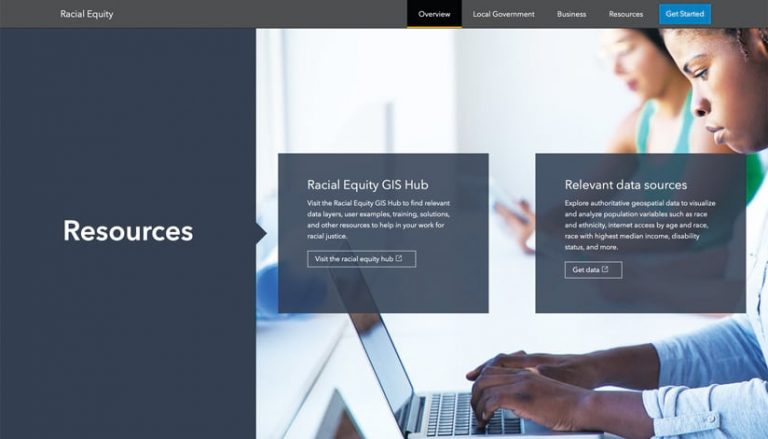 Screenshot of Esri’s new racial equity website showing links to two additional resources—the Racial Equity GIS Hub and relevant data sources