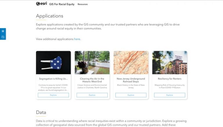 A screenshot of Esri’s racial equity website showing four apps built by Esri users