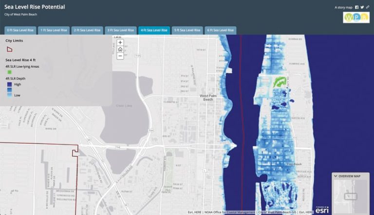 An ArcGIS StoryMaps story showing a map of what would happen if the City of West Palm Beach, Florida, experienced a four-foot sea level rise