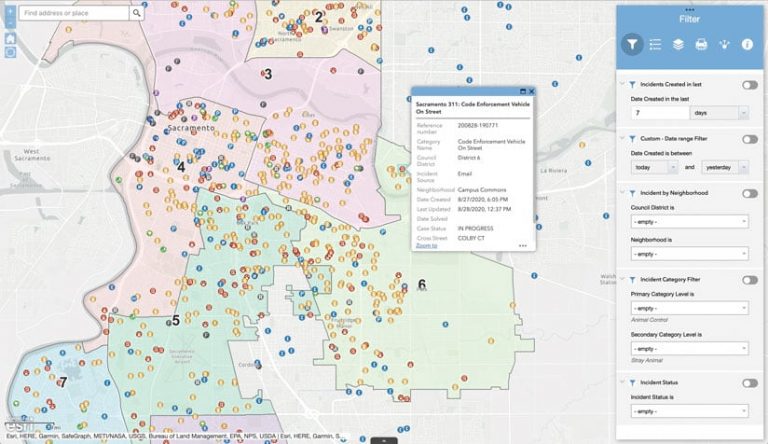 A map of 311 incidents throughout Sacramento, with one highlighted showing its details