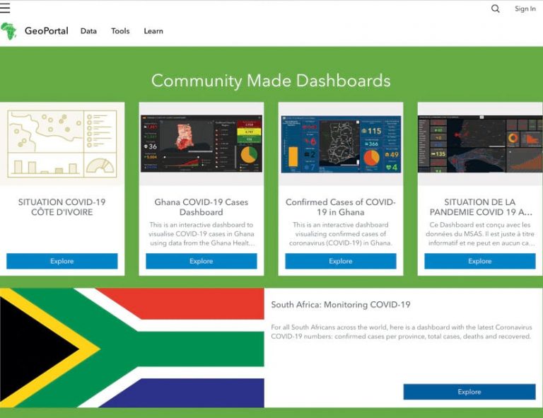 Snapshots of five community dashboards showing graphs, data, statistics, and the South Africa flag