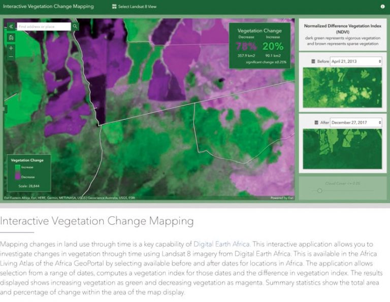 Computer image in green and purple showing vegetation change with percentages and data