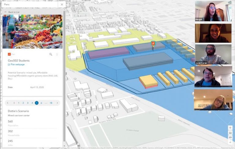 3D computer rendering of an office complex in a town and 5 faces of people on a computer screen for a conference call