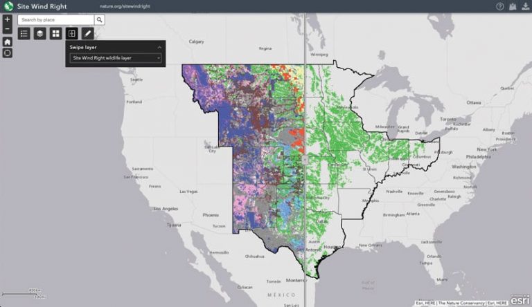 A map of the United States with a slider bar showing, on the left, wildlife habitats in various colors and, on the right, land that’s suitable for wind energy development in green
