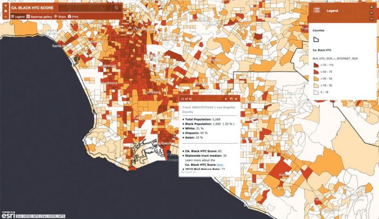A map of the Los Angeles, California, area depicting hard-to-count areas with large Black populations in dark red, with the colors lightening to orange and eventually white for areas that aren’t classified as hard to count and don’t have large Black populations