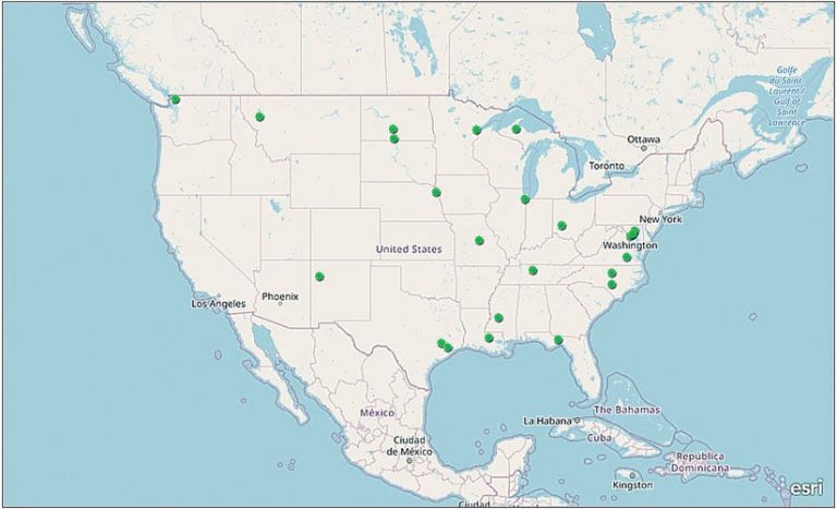 A map of the United States showing the locations where the American Association of Geographers (AAG) has distributed funds to its Bridging the Digital Divide program A map of the United States showing the locations where the American Association of Geographers (AAG) has distributed funds to its Bridging the Digital Divide program
