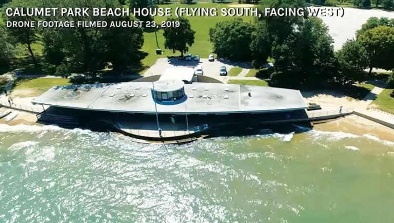 Drone footage of Calumet Park Beach House lakefront