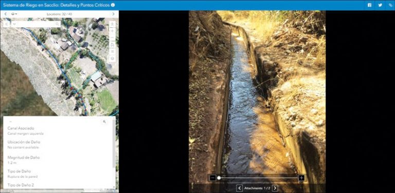 Web app screenshot of the Main Irrigation Canals location and photo attachments of the damage points along the canal