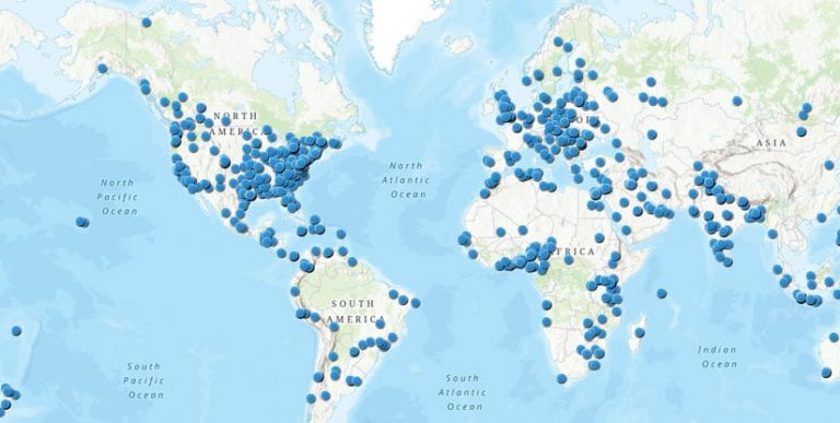 Map of the world with approximate locations of all GIS Day registered attendees