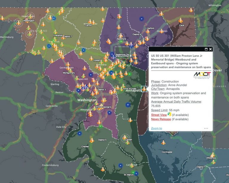 A map showing all Maryland current roadway projects