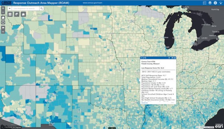 A blue and green Response Outreach Area Mapper (ROAM) app that models areas with a low censes self-response rate