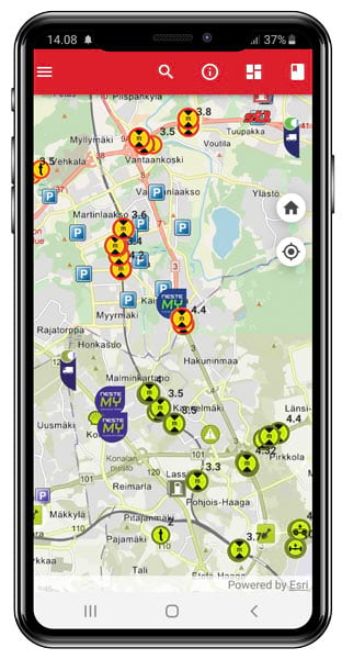 A smart phone displaying an app with locations of critical road data A smart phone displaying an app with locations of critical road data
