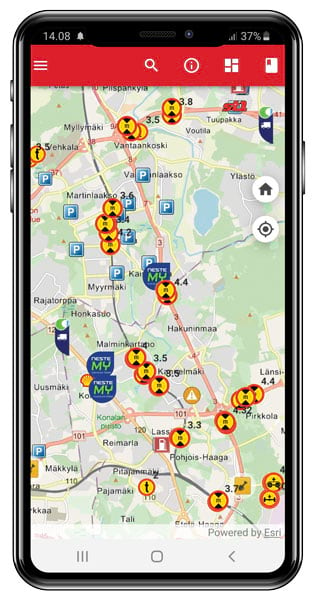 A smart phone displaying an app with locations of critical road data