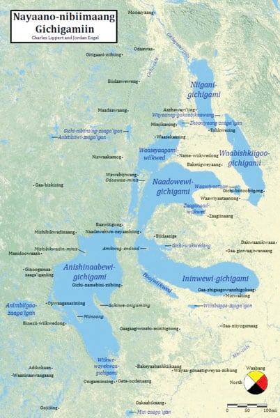 A map of The Great Lakes shown from the perspective of the Anishinaabe A map of The Great Lakes shown from the perspective of the Anishinaabe