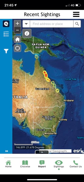 App map of the northeast coast of Australia marking where crocodiles have been spotted